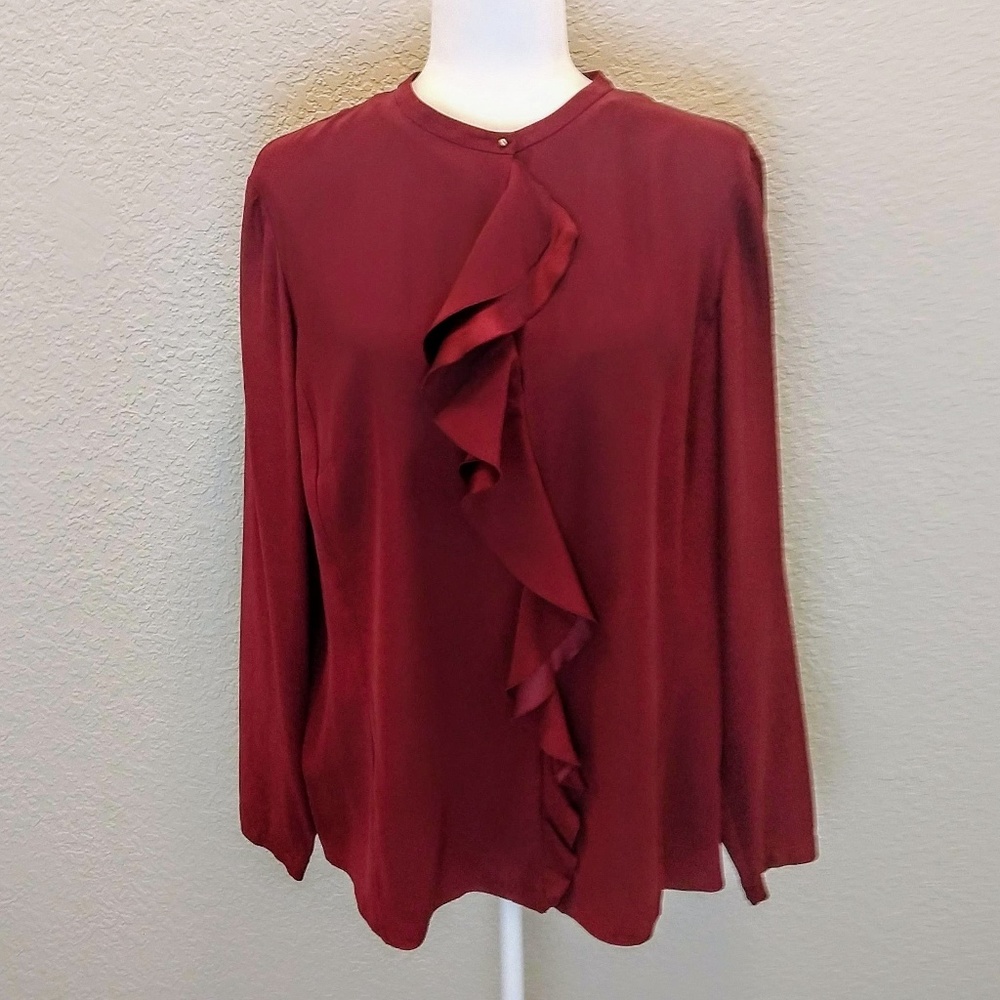 Lafayette 148 silk blouse ruffle flutter cranberry